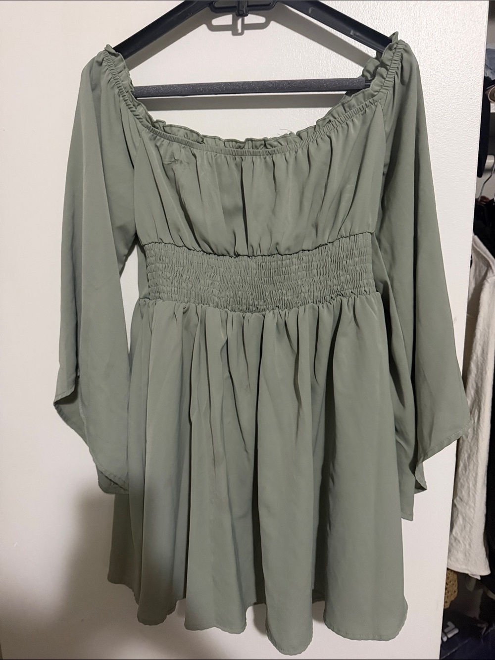 SHEIN Sage Green Off-Shoulder Smocked Mini Dress